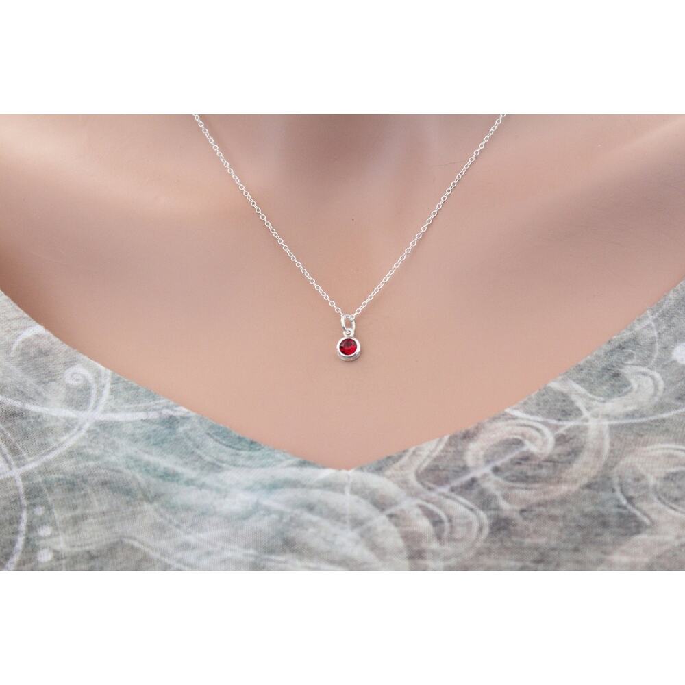 Sterling Silver Tiny Red January Crystal Birthstone Charm Necklace